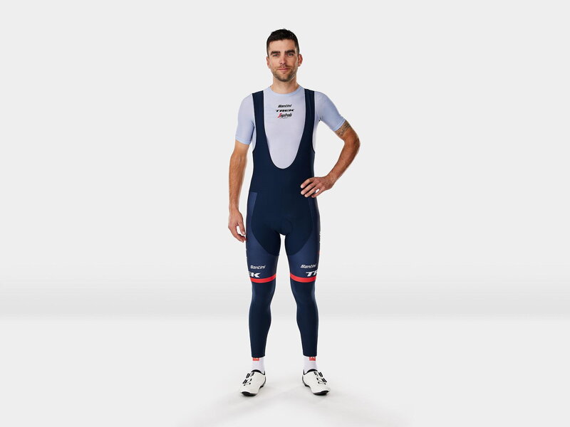 Pantaloni lunghi da allenamento Bontrager Santini Trek-Segafredo Team Replica con bretelle blu Pantaloni lunghi da allenamento Bontrager Santini Trek-Segafredo Team Replica con bretelle blu